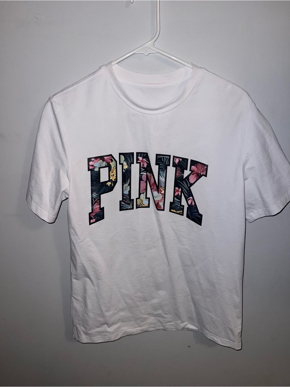 PINK Victoria's Secret White Crewneck Tee with Floral Logo